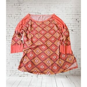 Cato Aztec Print Elbow Sleeve Top Orange & Brown Size 3X
